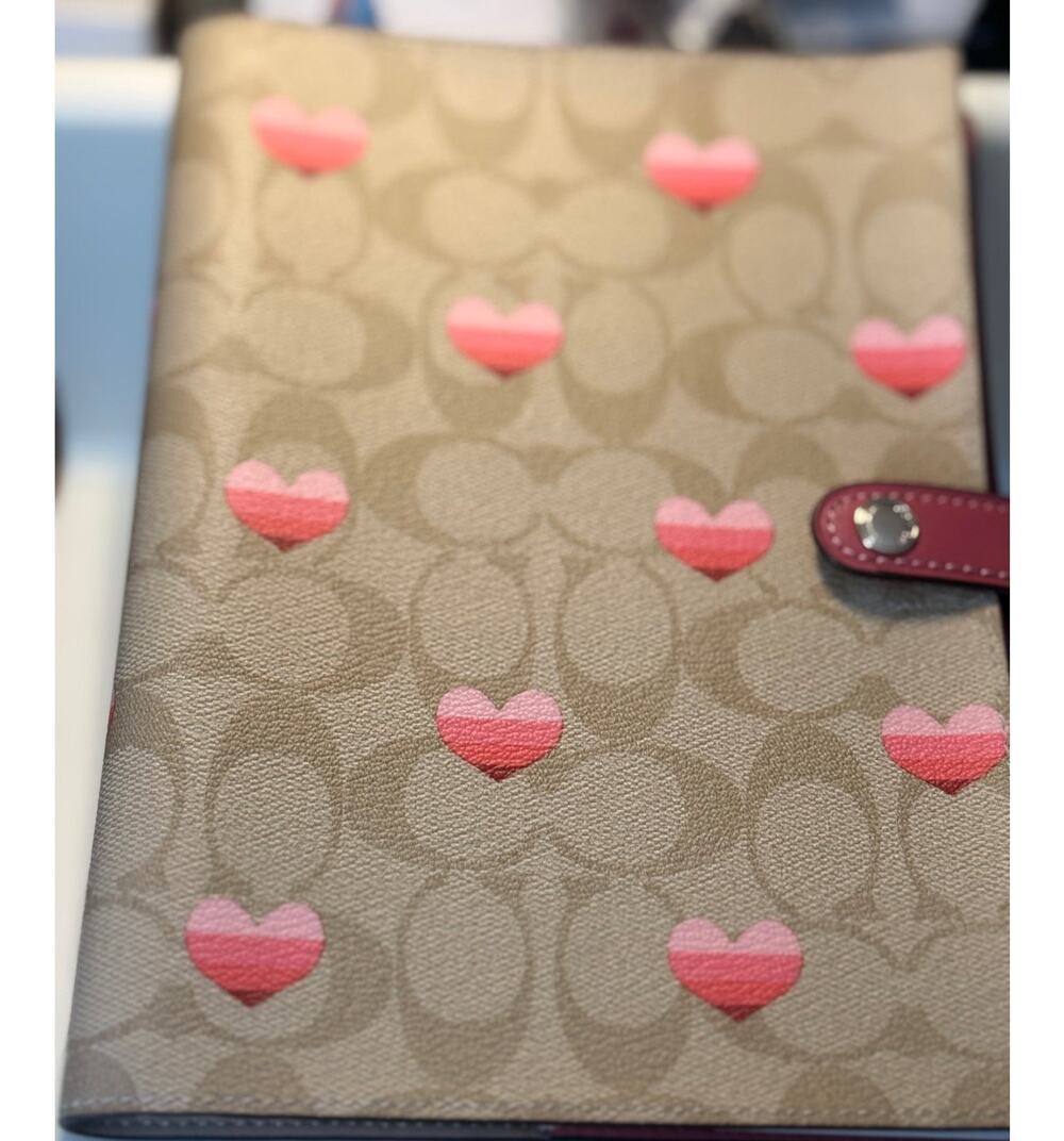 Coach Signature Coated Canvas Leather Heart Stripe Light Khaki Pink Notebook